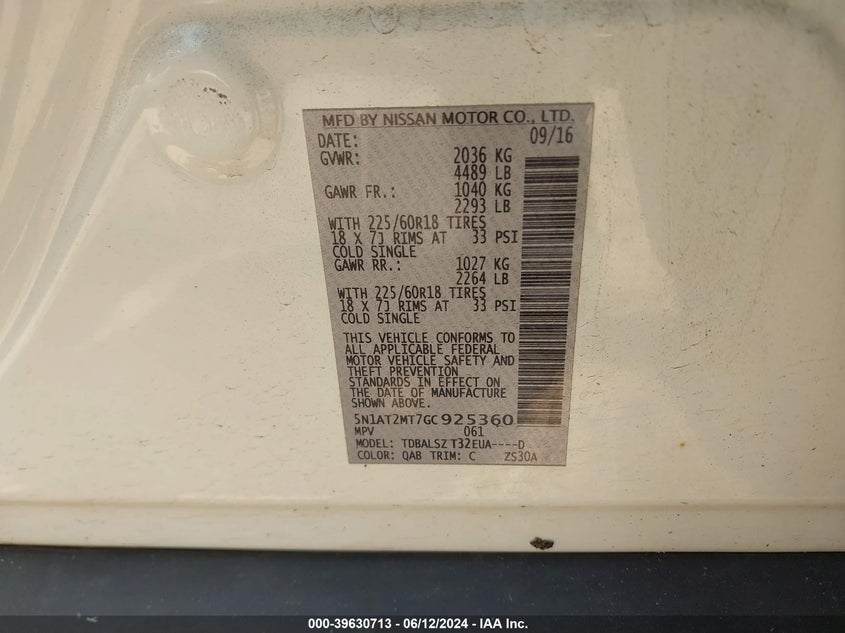 2016 Nissan Rogue Sl VIN: 5N1AT2MT7GC925360 Lot: 39630713