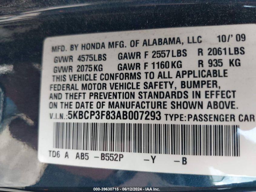 2010 Honda Accord 3.5 Ex-L VIN: 5KBCP3F83AB007293 Lot: 39630715