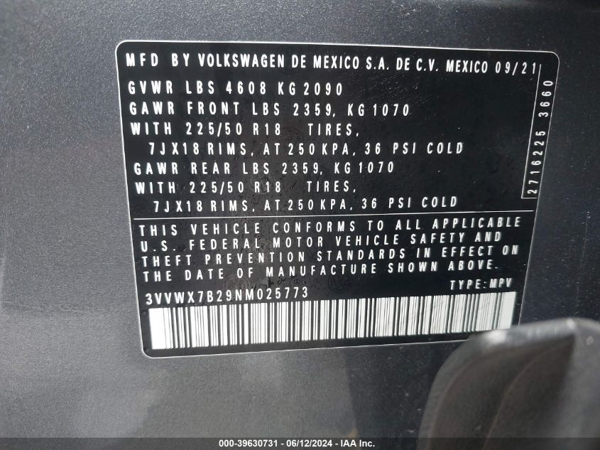 2022 Volkswagen Taos 1.5T Se VIN: 3VVWX7B29NM025773 Lot: 39630731