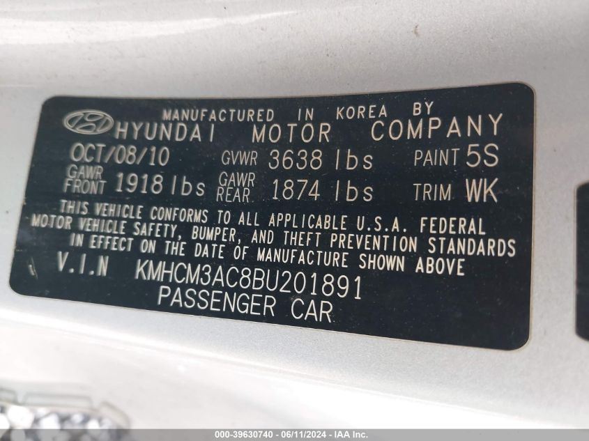 2011 Hyundai Accent Gs VIN: KMHCM3AC8BU201891 Lot: 39630740