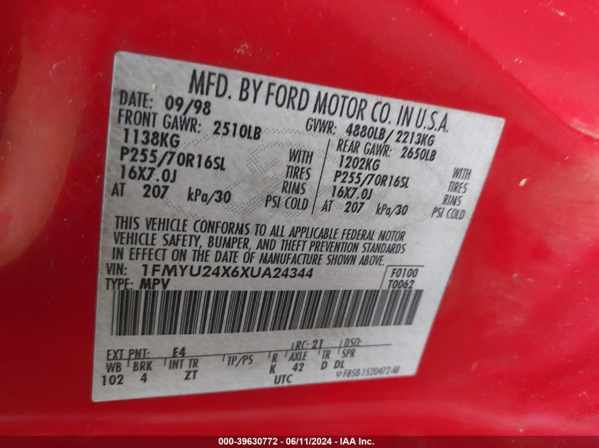 1999 Ford Explorer Sport VIN: 1FMYU24X6XUA24344 Lot: 39630772