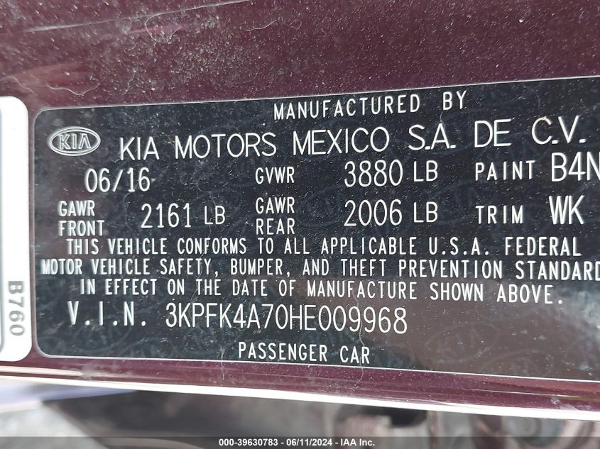 2017 Kia Forte Lx VIN: 3KPFK4A70HE009968 Lot: 39630783