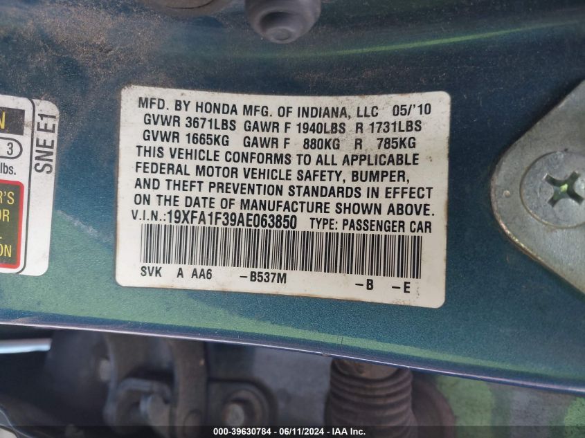 2010 Honda Civic Vp VIN: 19XFA1F39AE063850 Lot: 39630784