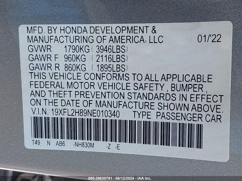 VIN 19XFL2H89NE010340 2022 Honda Civic, Sport no.9