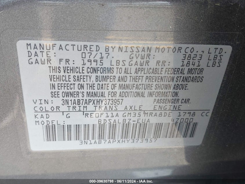 2017 Nissan Sentra S VIN: 3N1AB7APXHY373957 Lot: 39630798