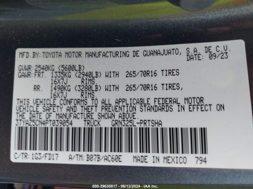 2023 Toyota Tacoma Trd Off Road VIN: 3TYAZ5CN4PT039054 Lot: 39630817