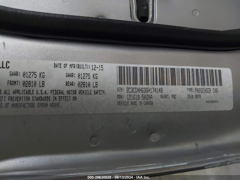 2016 Dodge Charger Sxt VIN: 2C3CDXHG3GH174148 Lot: 39630820