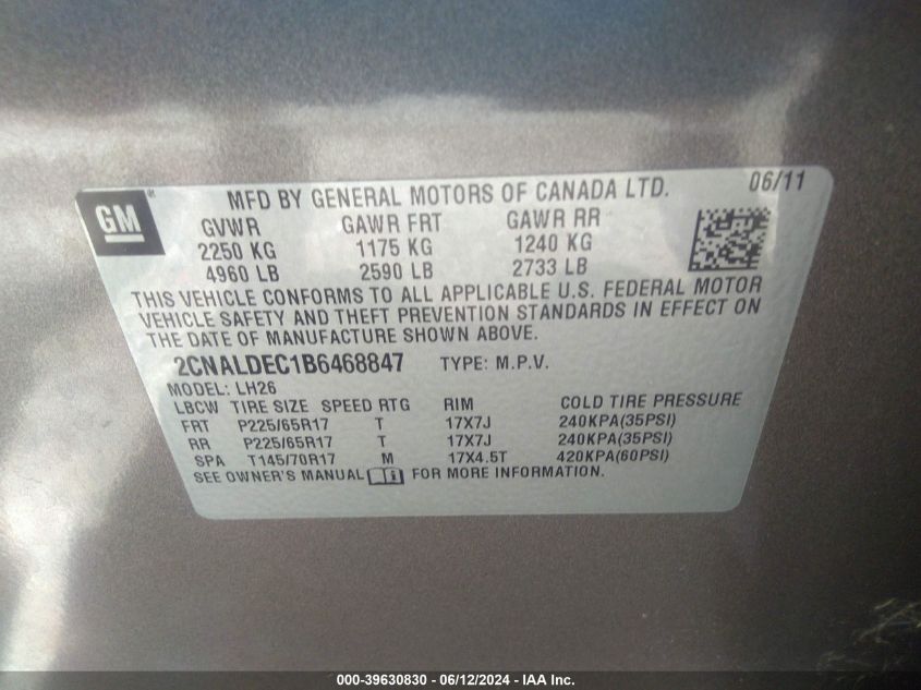 2011 Chevrolet Equinox Lt VIN: 2CNALDEC1B6468847 Lot: 39630830