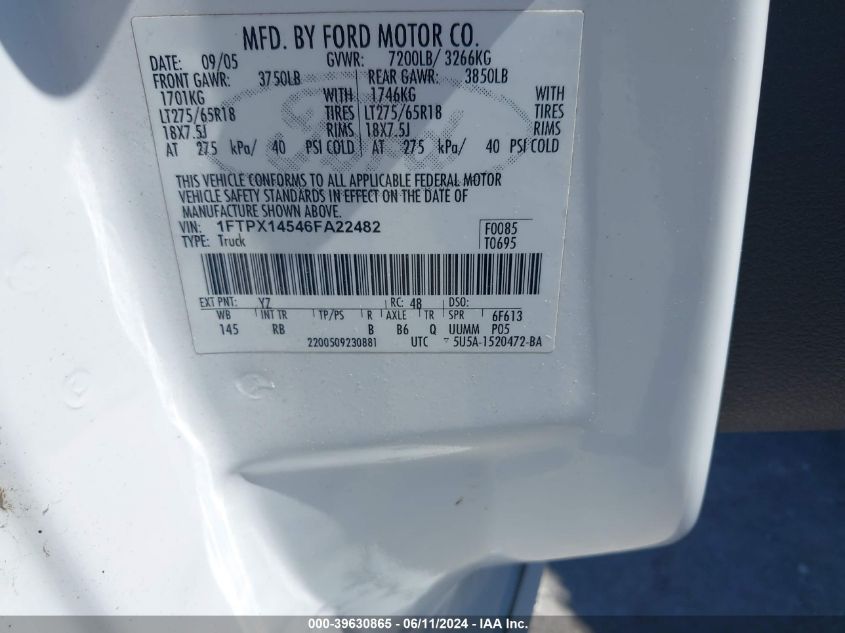 2006 Ford F-150 Fx4/Lariat/Xl/Xlt VIN: 1FTPX14546FA22482 Lot: 39630865