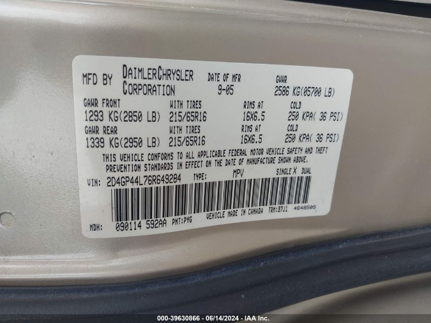 2006 Dodge Grand Caravan Sxt VIN: 2D4GP44L76R649284 Lot: 39630866