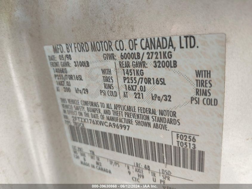 1998 Ford F-150 Lariat/Standard/Xl/Xlt VIN: 2FTZX176XWCA96997 Lot: 39630868