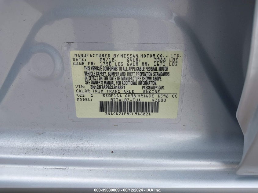 2012 Nissan Versa 1.6 Sv VIN: 3N1CN7AP8CL918821 Lot: 39630869