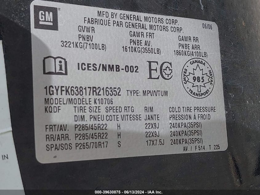 2007 Cadillac Escalade Standard VIN: 1GYFK63817R216352 Lot: 39630875