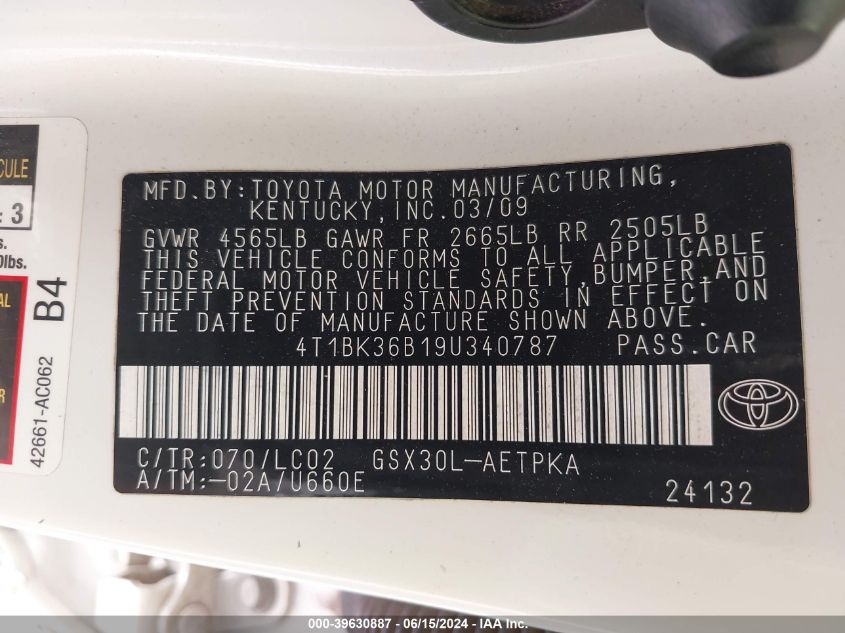 2009 Toyota Avalon Limited VIN: 4T1BK36B19U340787 Lot: 39630887