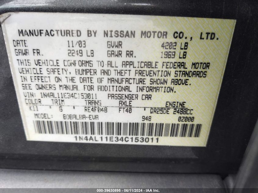 1N4AL11E34C153011 | 2004 NISSAN ALTIMA