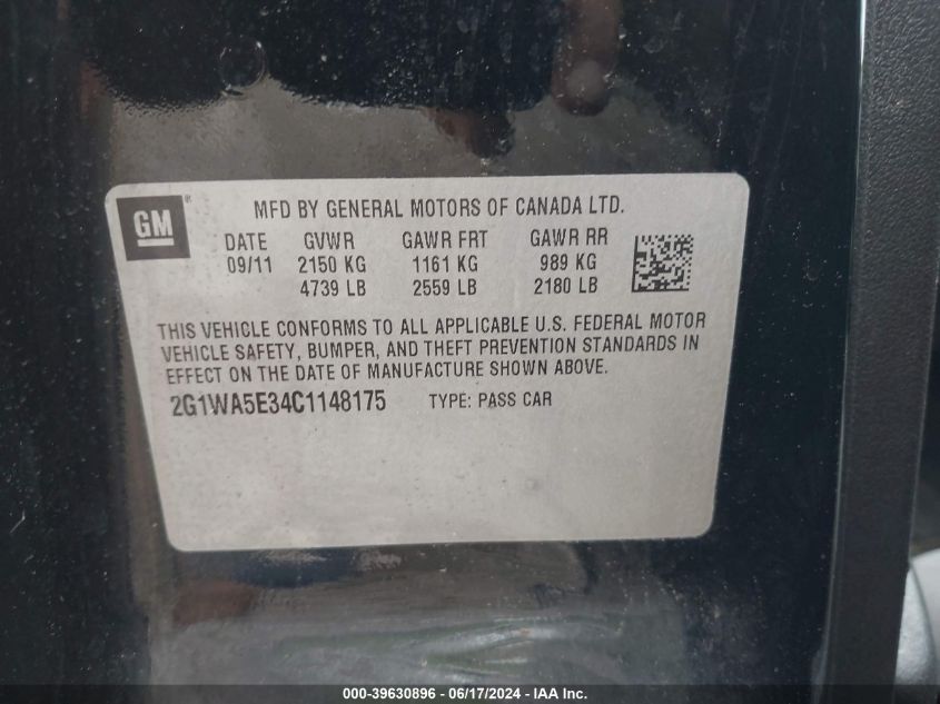 2012 Chevrolet Impala Ls VIN: 2G1WA5E34C1148175 Lot: 39630896