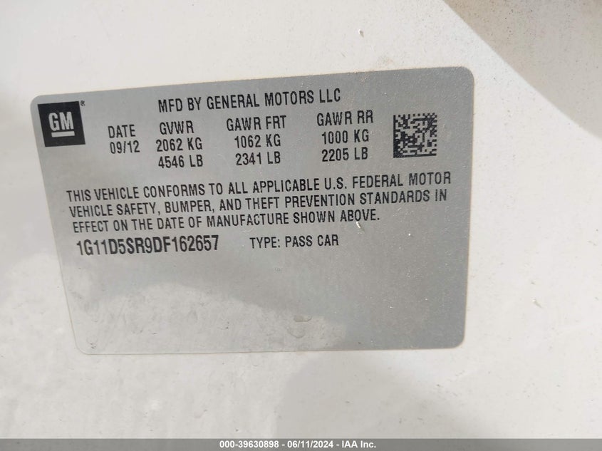 2013 Chevrolet Malibu Eco VIN: 1G11D5SR9DF162657 Lot: 39630898