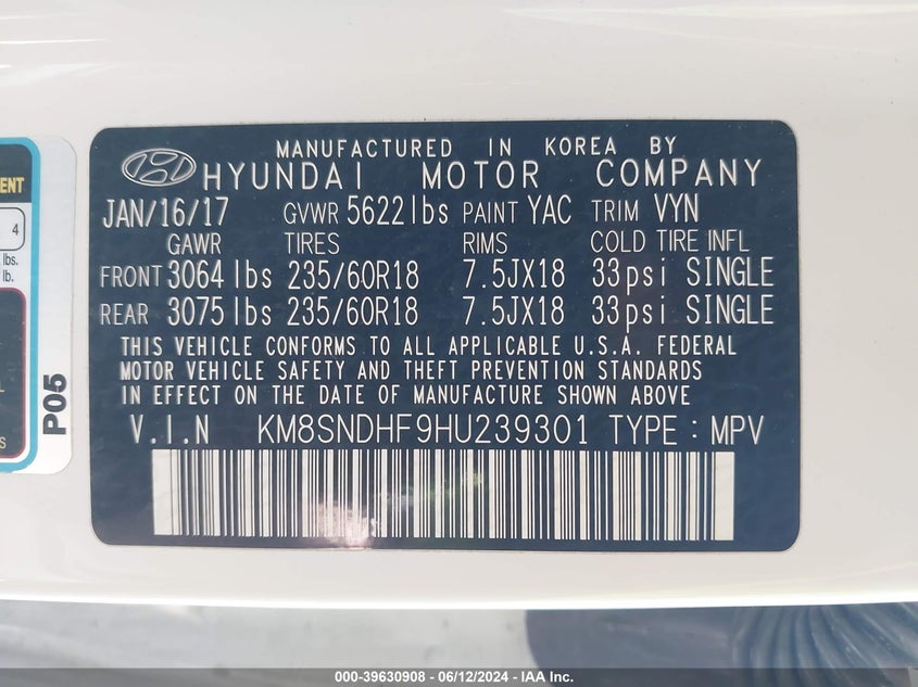 2017 Hyundai Santa Fe Limited VIN: KM8SNDHF9HU239301 Lot: 39630908