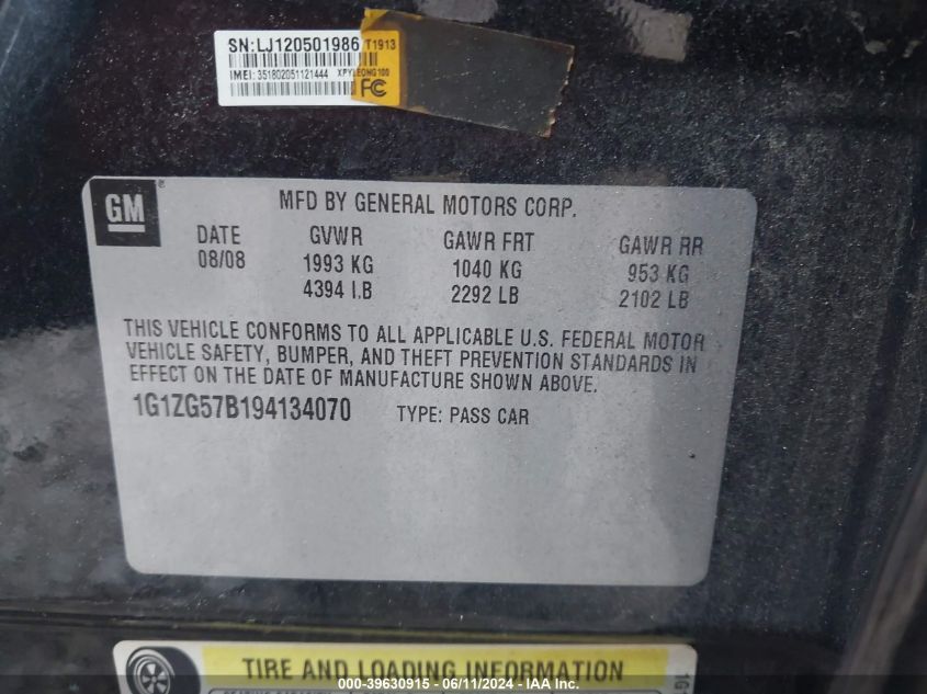 2009 Chevrolet Malibu Ls VIN: 1G1ZG57B194134070 Lot: 39630915