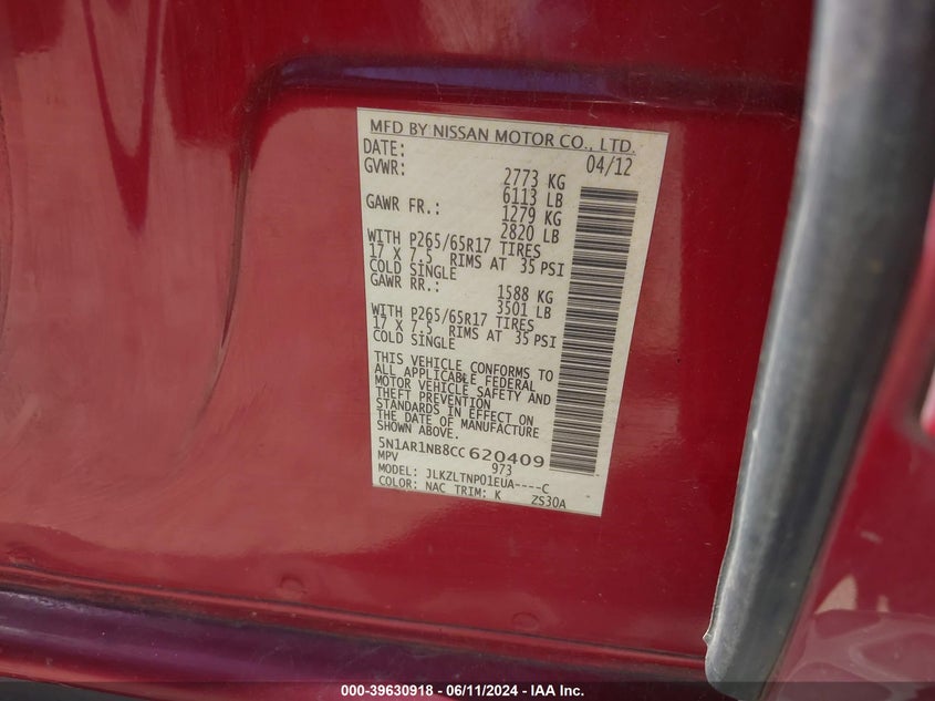 2012 Nissan Pathfinder Sv VIN: 5N1AR1NB8CC620409 Lot: 39630918