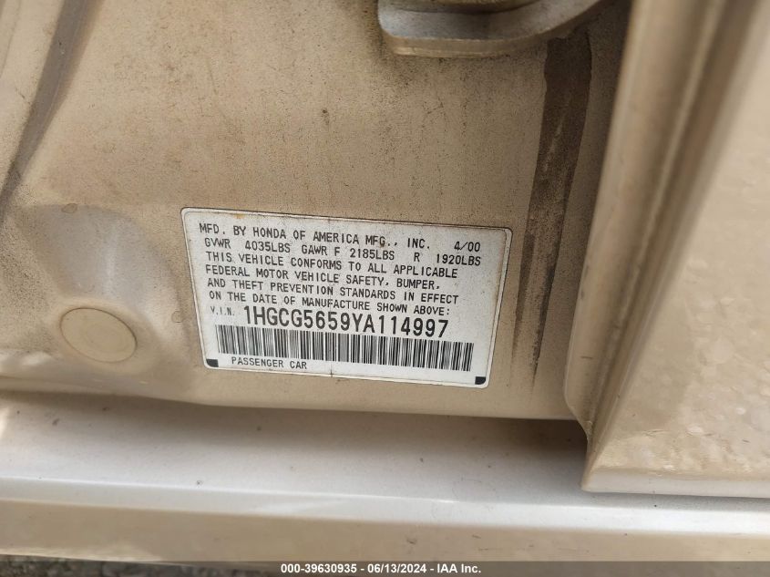 2000 Honda Accord 2.3 Ex VIN: 1HGCG5659YA114997 Lot: 39630935