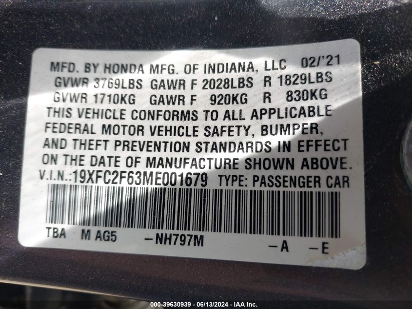 2021 Honda Civic Lx VIN: 19XFC2F63ME001679 Lot: 39630939