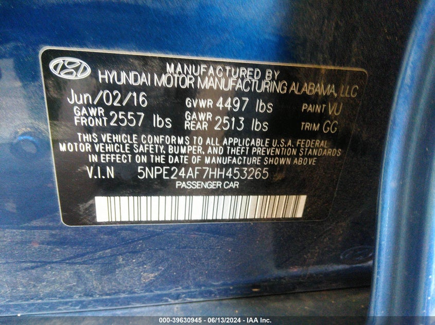 VIN 5NPE24AF7HH453265 2017 HYUNDAI SONATA