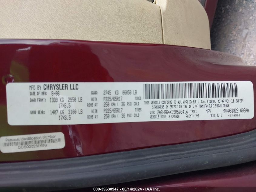 2009 Chrysler Town & Country Limited VIN: 2A8HR64X39R508414 Lot: 39630947