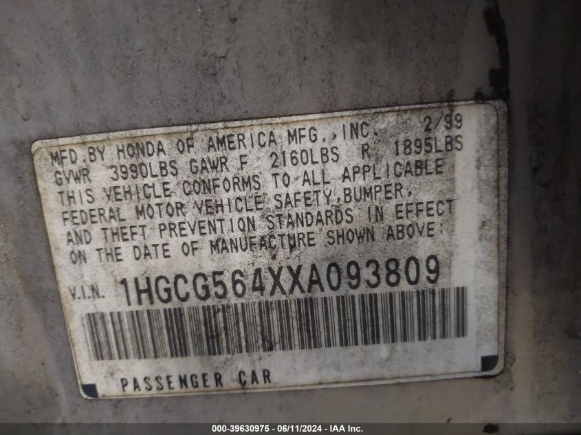 1HGCG564XXA093809 1999 Honda Accord Lx