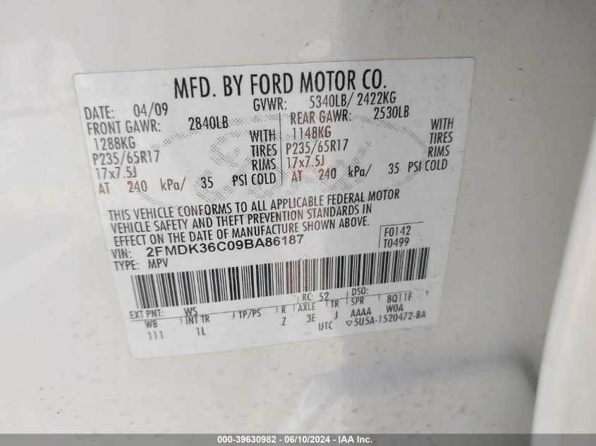 2FMDK36C09BA86187 2009 Ford Edge Se