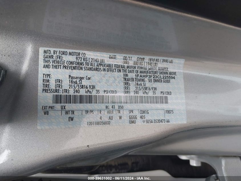 2012 Ford Focus Se VIN: 1FAHP3F23CL225594 Lot: 39631002