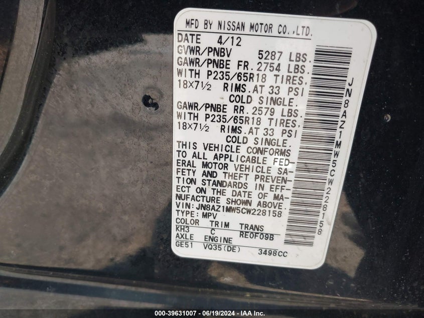 2012 Nissan Murano Sl VIN: JN8AZ1MW5CW228158 Lot: 39631007