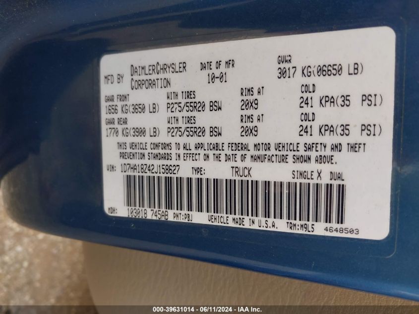 2002 Dodge Ram 1500 St VIN: 1D7HA18Z42J158627 Lot: 39631014