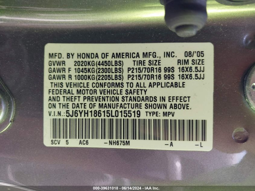 2005 Honda Element Ex VIN: 5J6YH18615L015519 Lot: 39631018