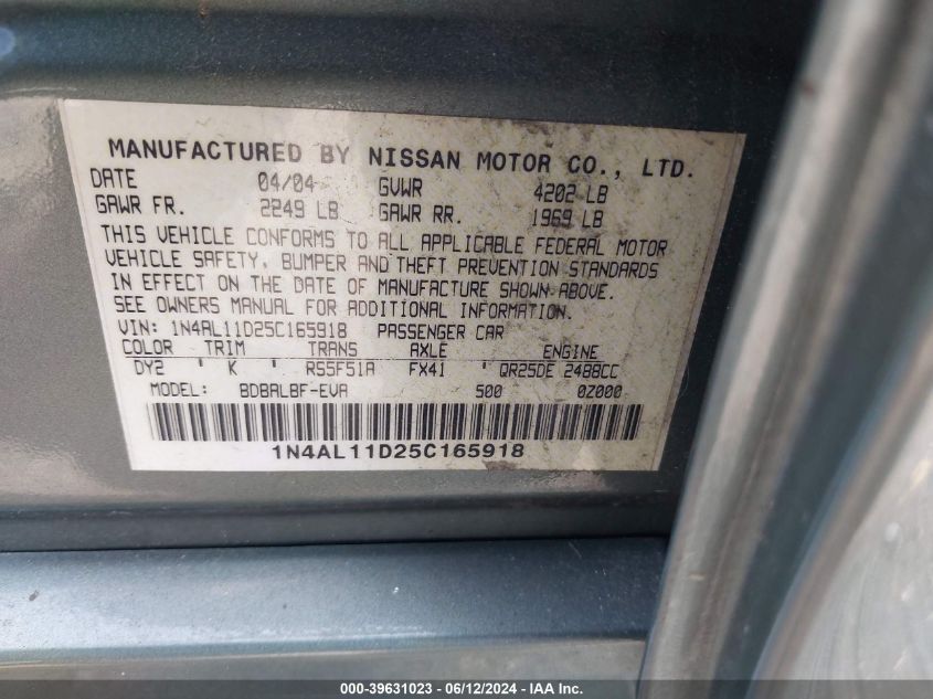 1N4AL11D25C165918 | 2005 NISSAN ALTIMA