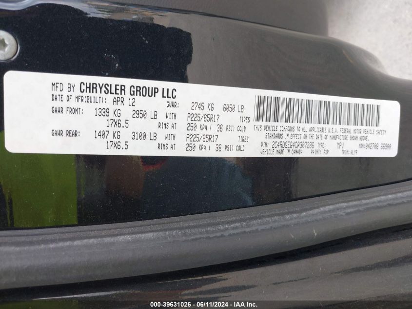 2012 Dodge Grand Caravan R/T VIN: 2C4RDGEG4CR307286 Lot: 39631026