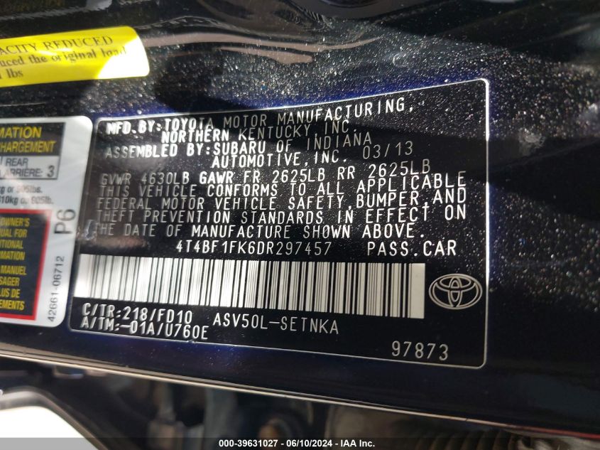 2013 Toyota Camry Le VIN: 4T4BF1FK6DR297457 Lot: 39631027