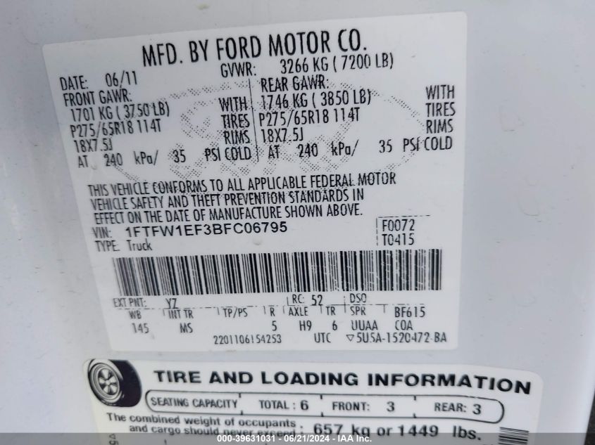 2011 Ford F-150 Xlt VIN: 1FTFW1EF3BFC06795 Lot: 39631031