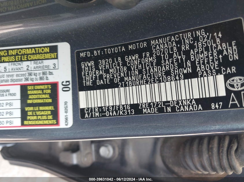 2014 Toyota Corolla Le VIN: 2T1BURHE2EC108649 Lot: 39631042