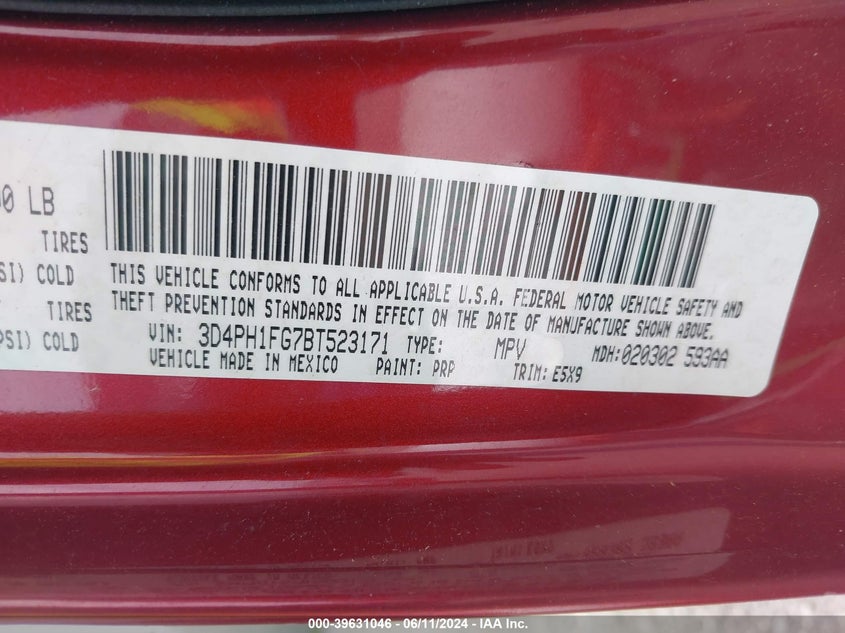 2011 Dodge Journey Mainstreet VIN: 3D4PH1FG7BT523171 Lot: 39631046