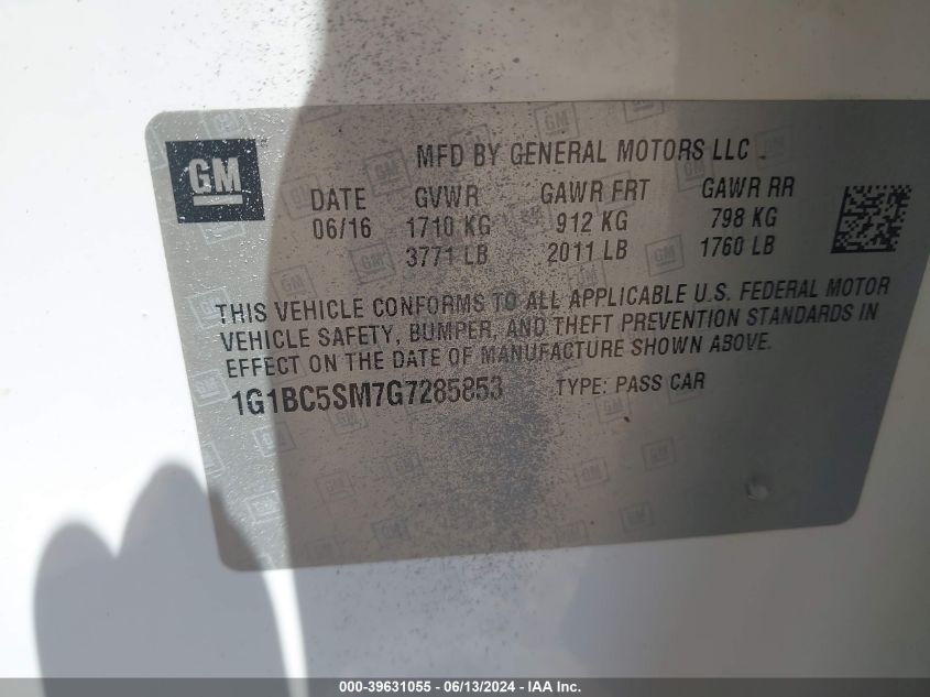 2016 Chevrolet Cruze Ls Auto VIN: 1G1BC5SM7G7285853 Lot: 39631055