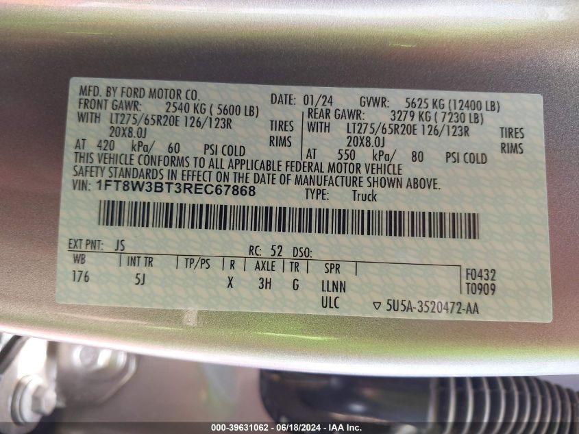 2024 Ford F-350 Lariat VIN: 1FT8W3BT3REC67868 Lot: 39631062