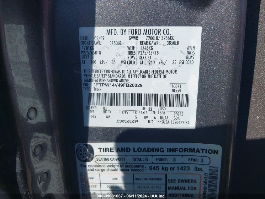 2009 Ford F-150 Xlt VIN: 1FTPW14V49FB20029 Lot: 39631067
