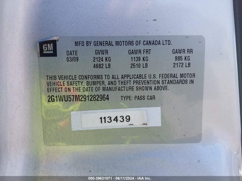 2009 Chevrolet Impala Ltz VIN: 2G1WU57M291282964 Lot: 39631071