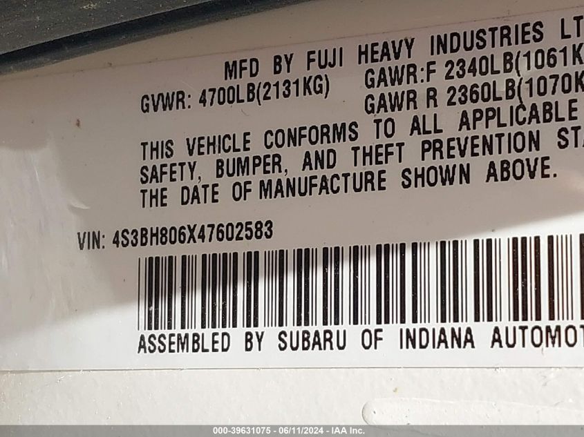 2004 Subaru Outback H6-3.0 L.l. Bean Edition VIN: 4S3BH806X47602583 Lot: 39631075