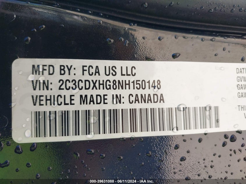 2022 Dodge Charger Gt Rwd VIN: 2C3CDXHG8NH150148 Lot: 39631088