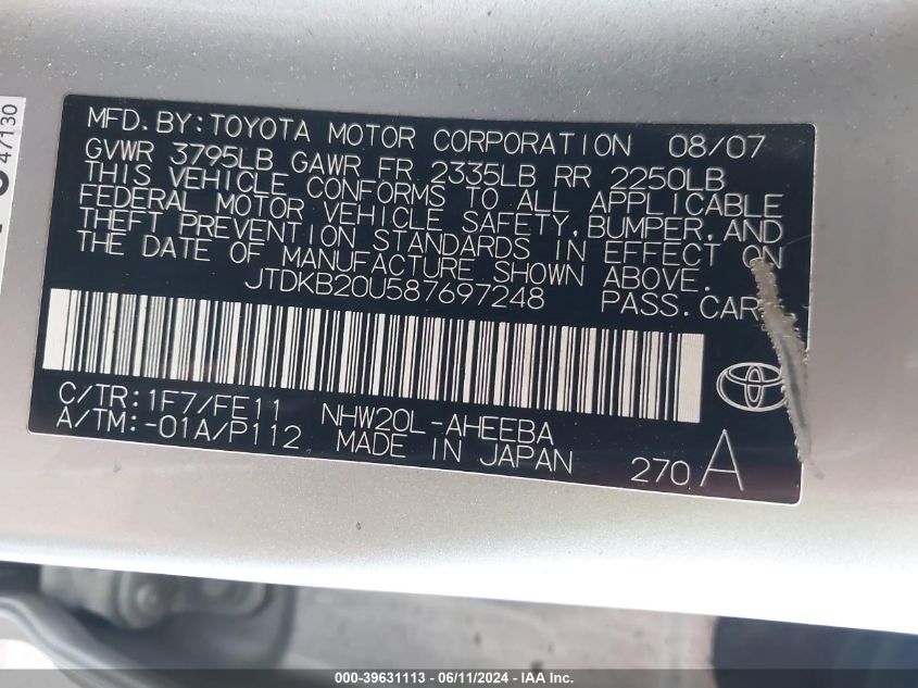 2008 Toyota Prius VIN: JTDKB20U587697248 Lot: 39631113