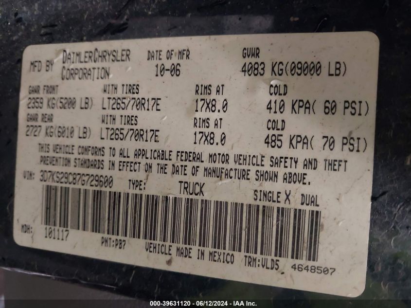 2007 Dodge Ram 2500 Laramie VIN: 3D7KS29C87G729600 Lot: 39631120
