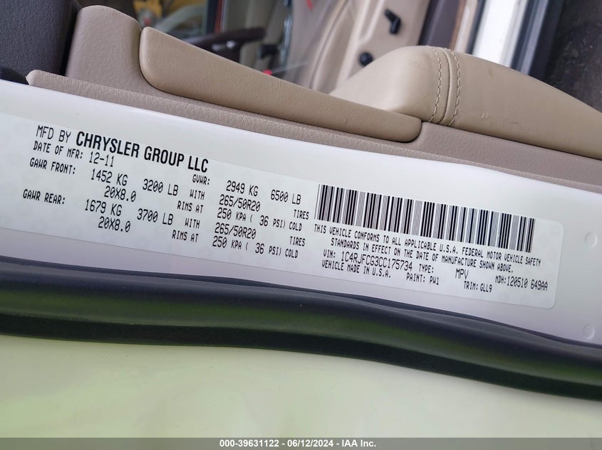 2012 Jeep Grand Cherokee Overland VIN: 1C4RJFCG3CC1757 Lot: 39631122