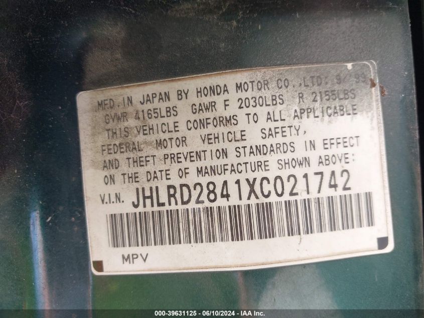 1999 Honda Cr-V Lx VIN: JHLRD2841XC021742 Lot: 39631125